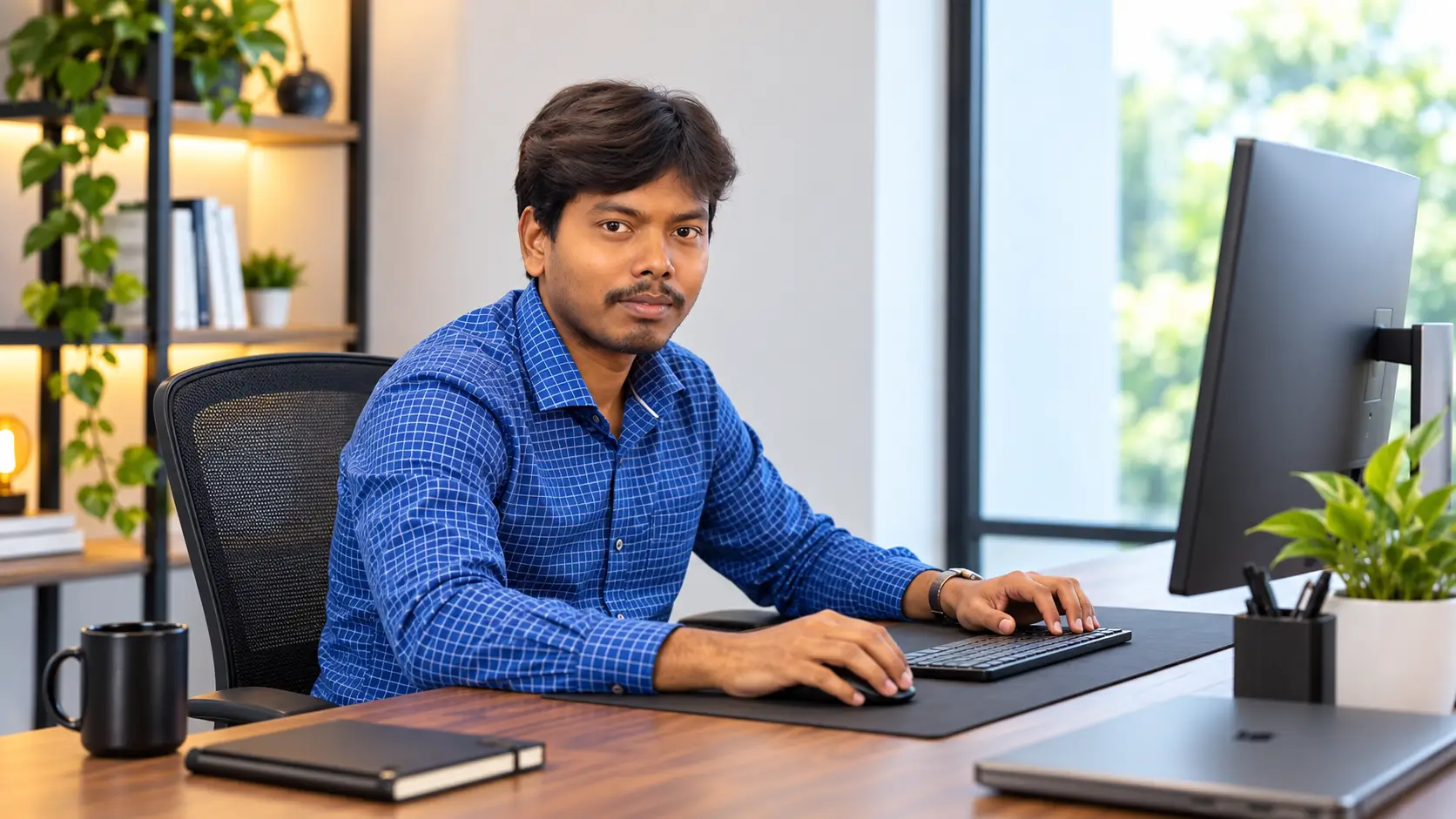 Asmaul Hoque, founder of Bipixels, working at his desk