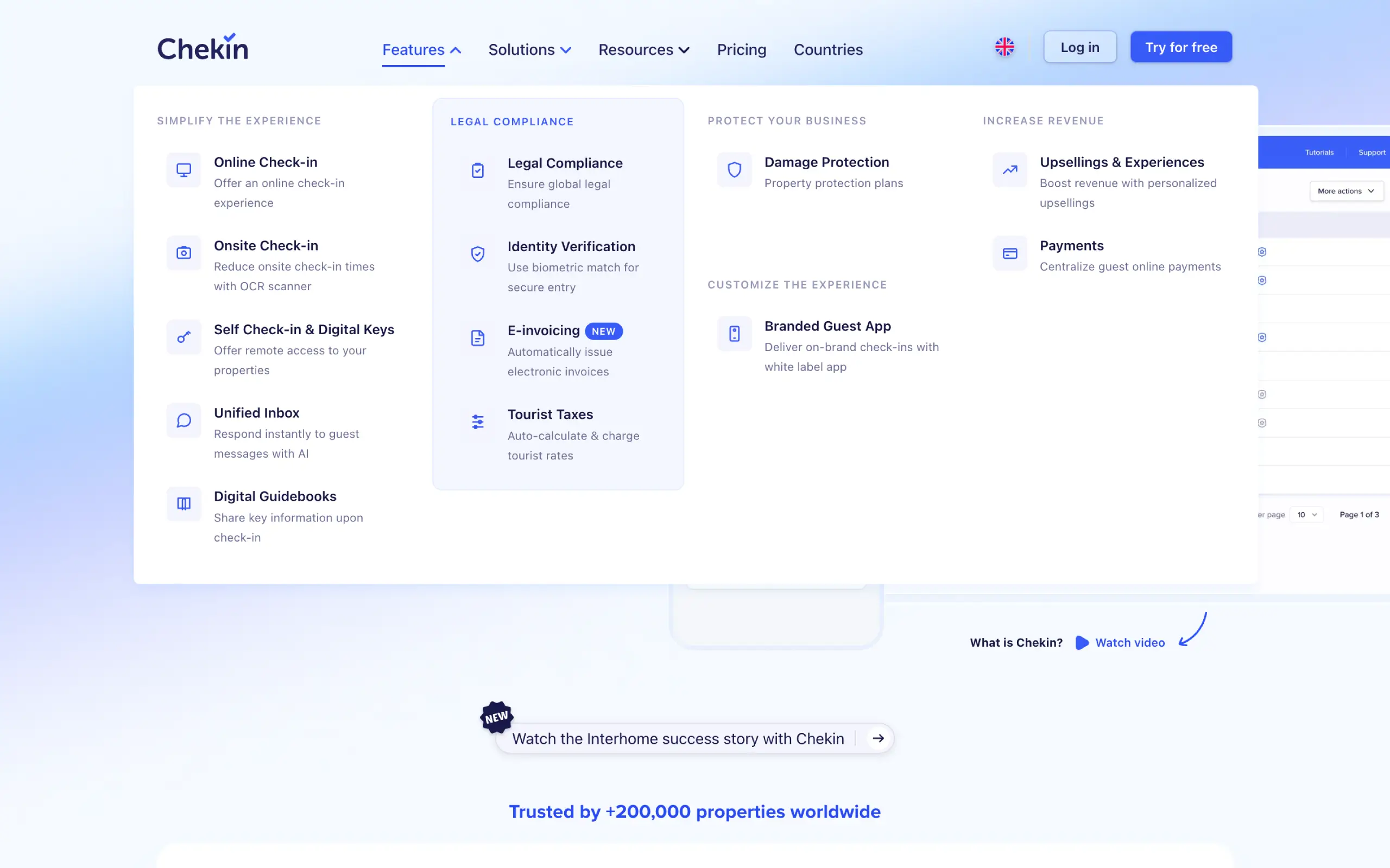 Chekin website mega menu navigation