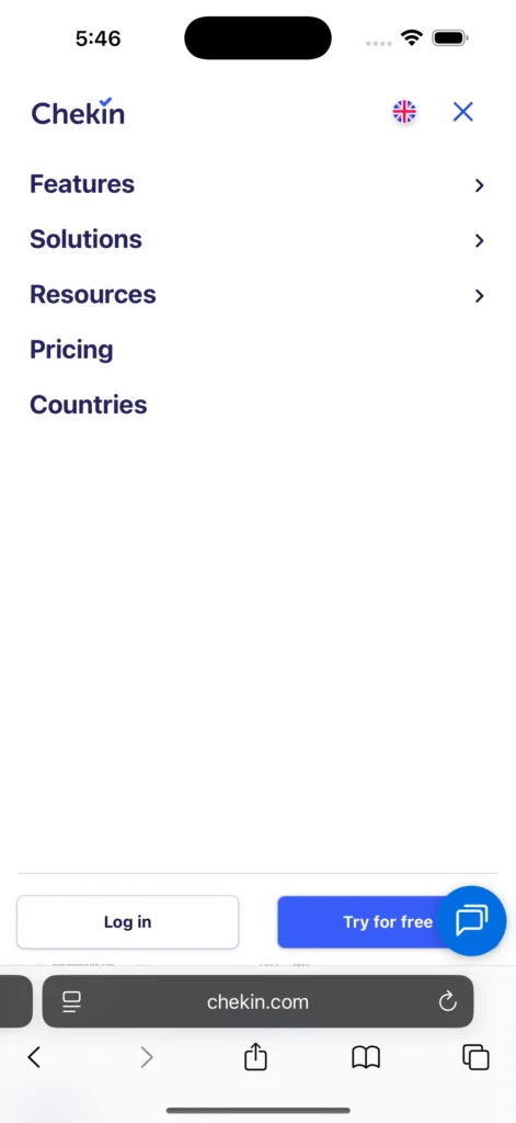 Chekin website mobile menu navigation