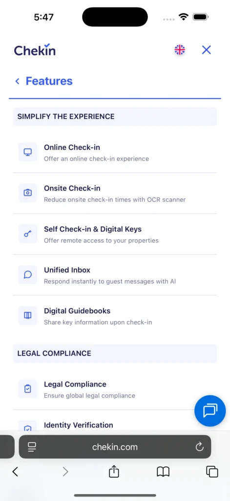 Chekin website mobile submenu navigation