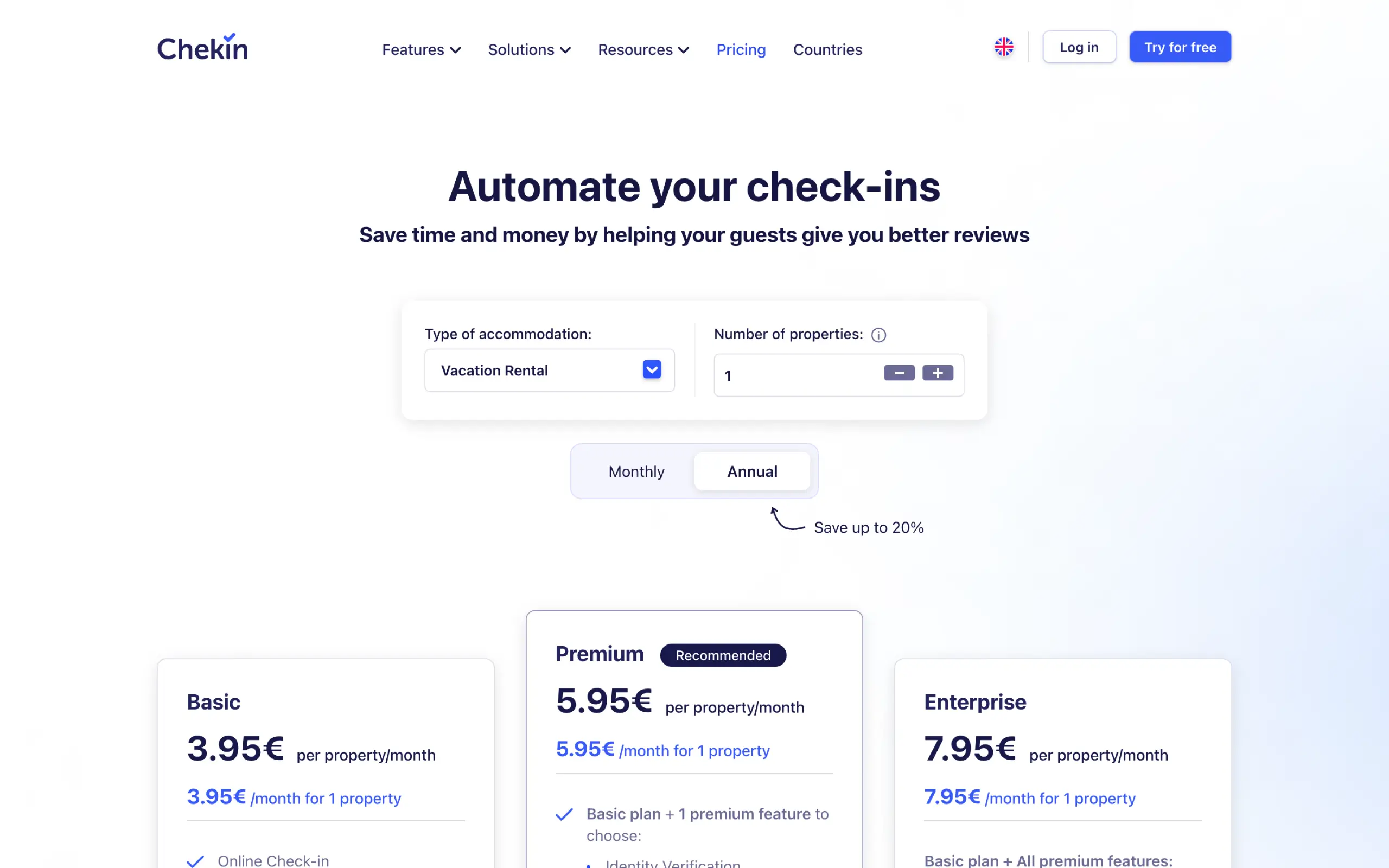 Chekin pricing page