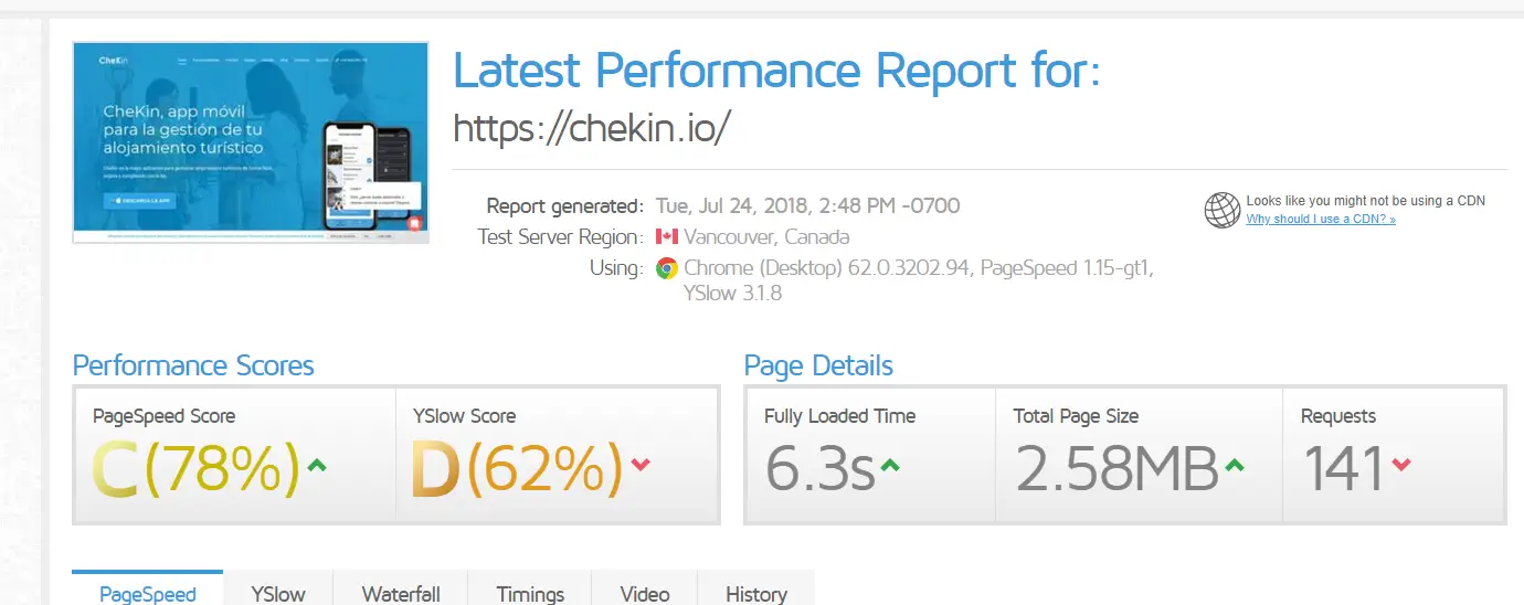 GTmetrix performance report for Chekin website on July 25, 2018
