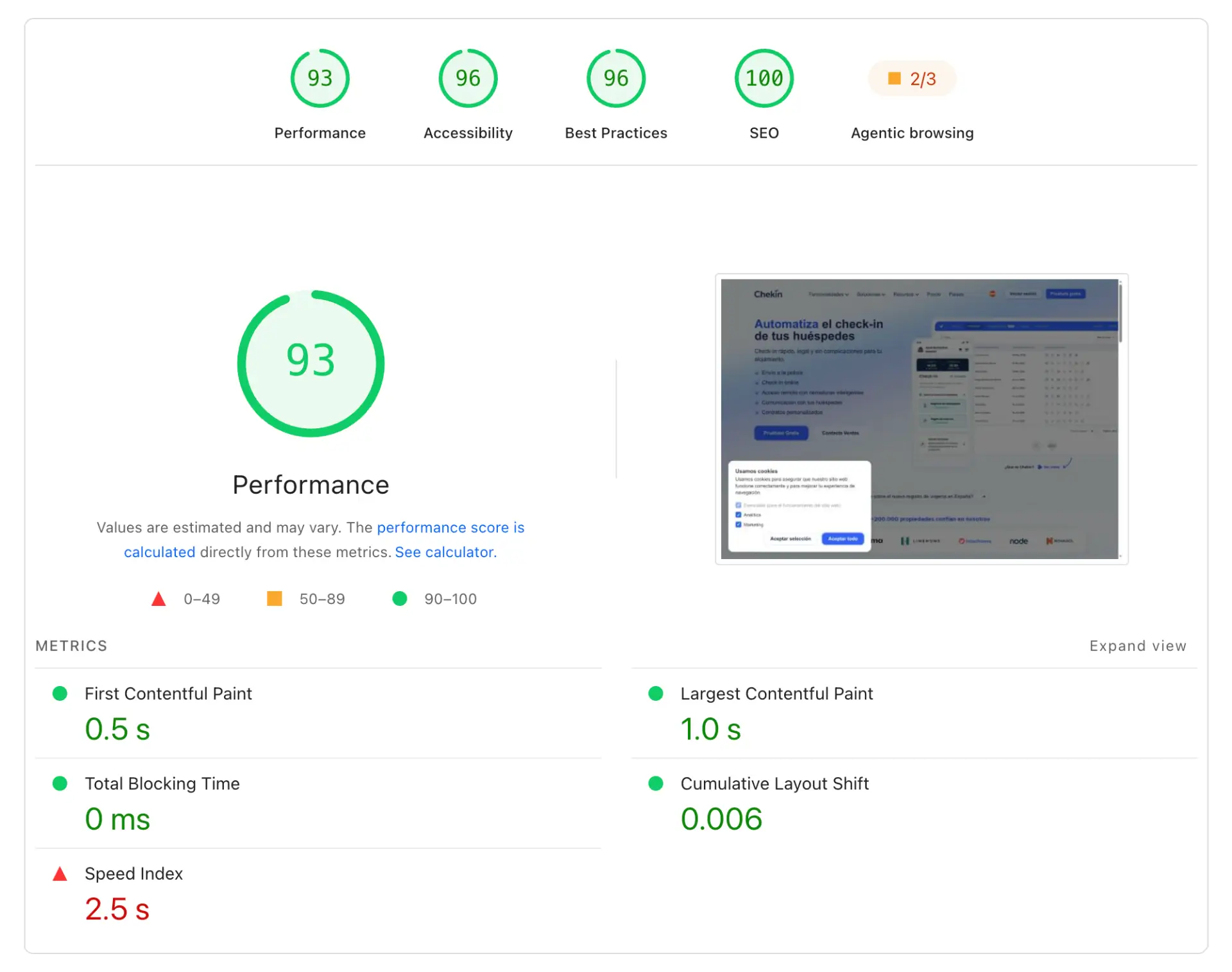 Google PageSpeed Insights desktop performance report for Chekin website in September 2026