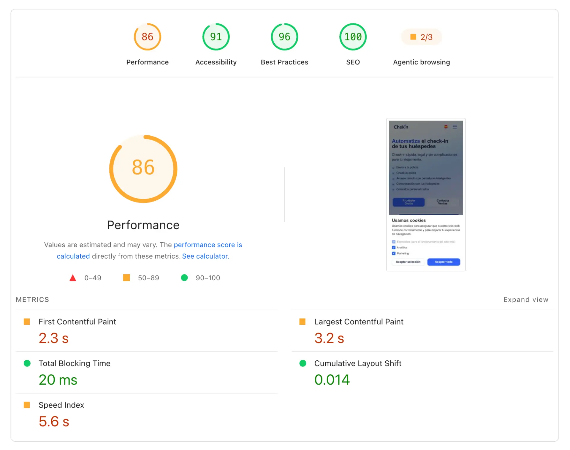 Google PageSpeed Insights mobile performance report for Chekin website in September 2026