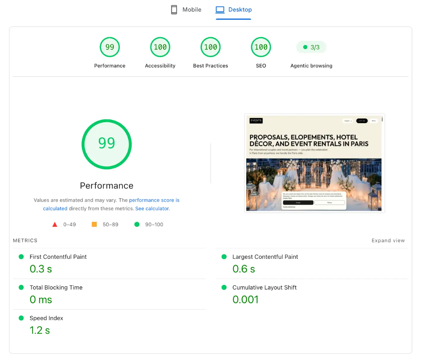 Google PageSpeed Insights desktop report showing a performance score of 99 for Events in Paris.