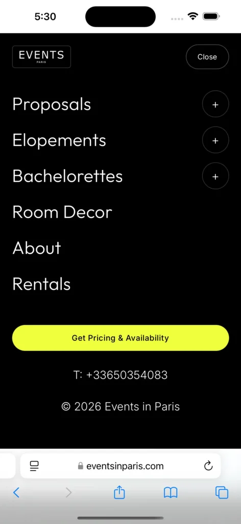 Events in Paris mobile navigation menu open on a smartphone screen.