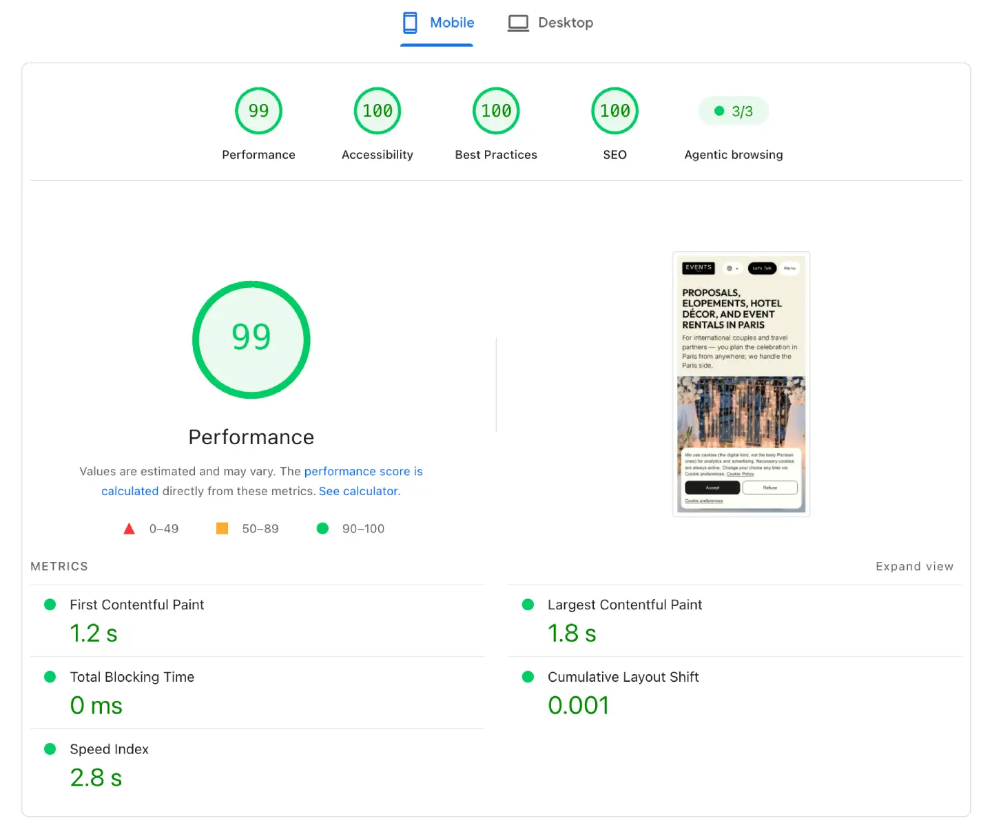 Google PageSpeed Insights mobile report showing a performance score of 99 for Events in Paris.