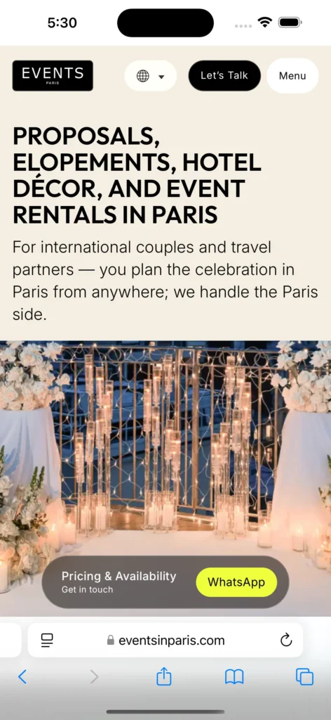 Events in Paris website displayed on a mobile screen.