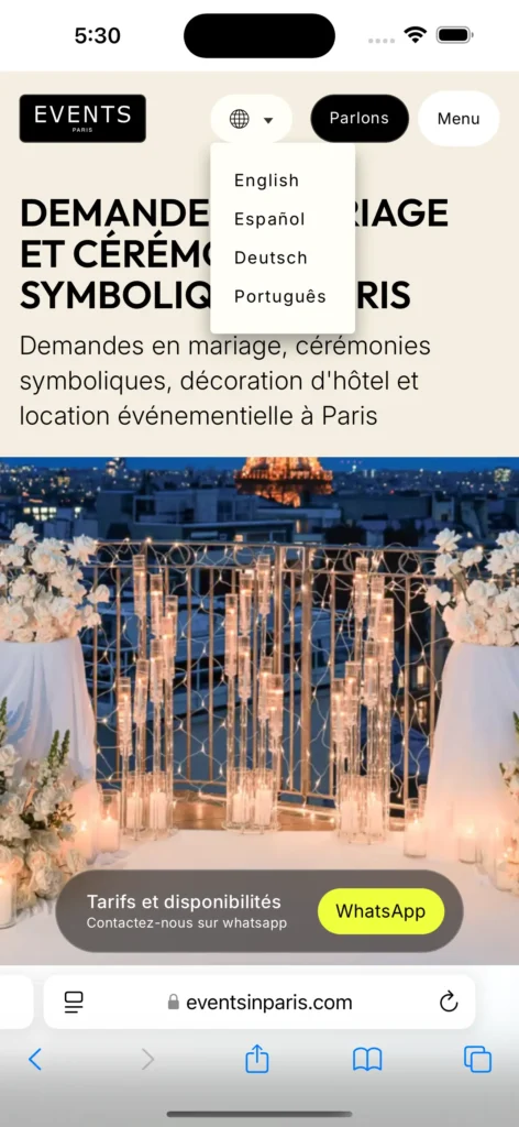 Multilingual version of the Events in Paris WordPress website.