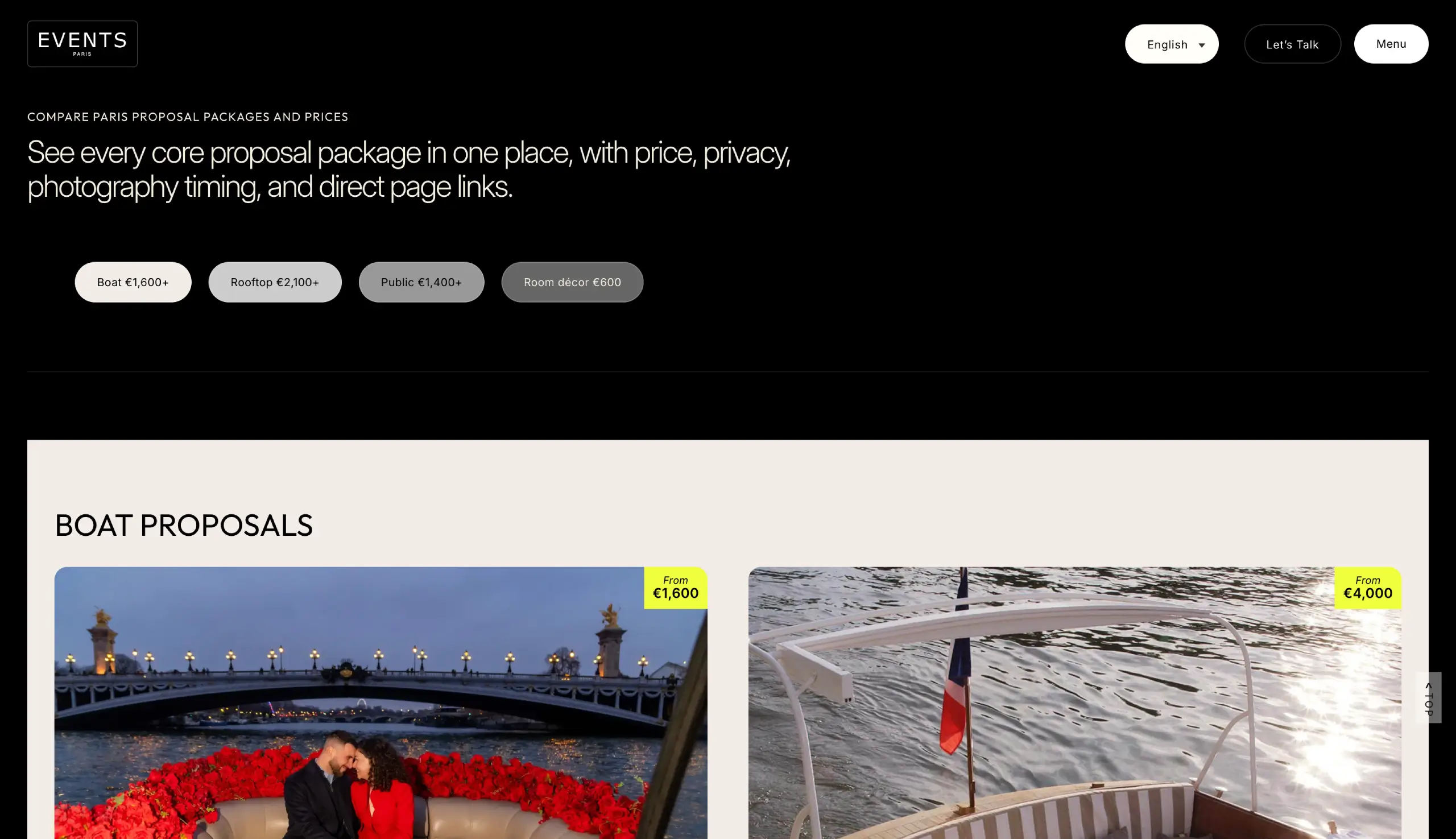 Service package options displayed on the Events in Paris website.