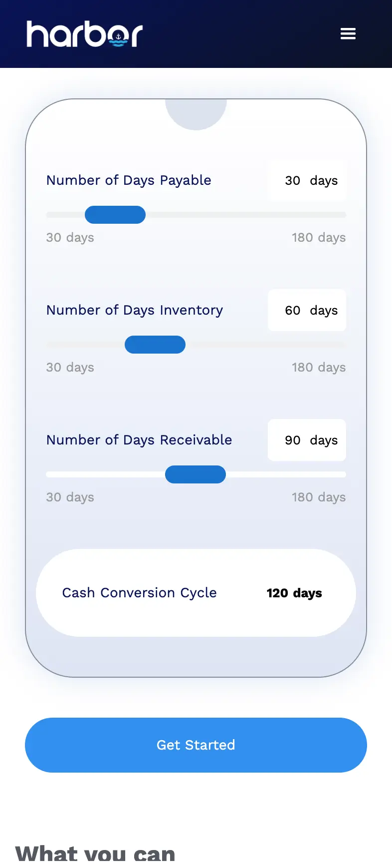 Harbor working capital calculator on mobile