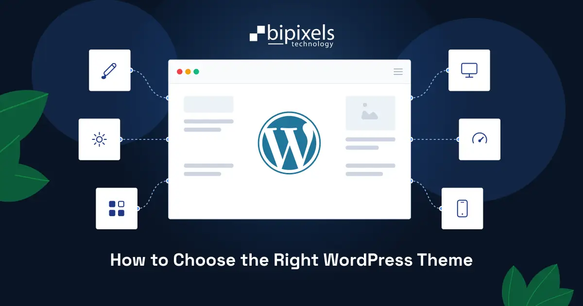 WordPress theme selection illustration showing a website layout with design, performance, and responsive controls.