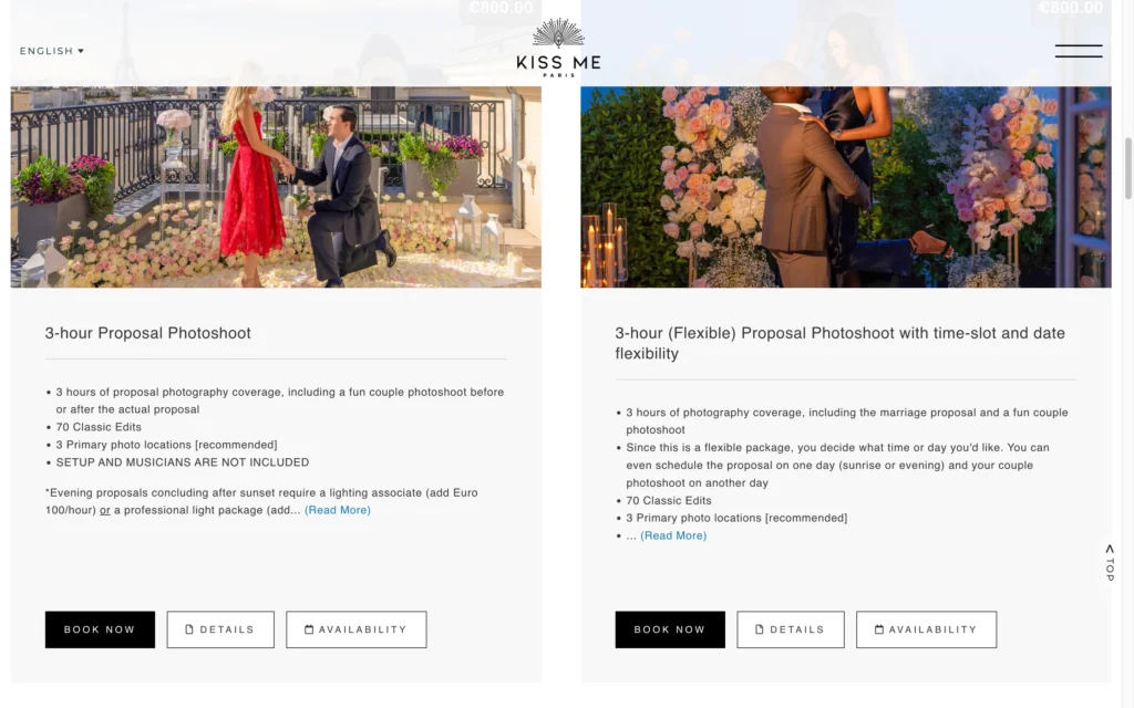 Checkfront booking interface embedded in the Kiss Me in Paris website.