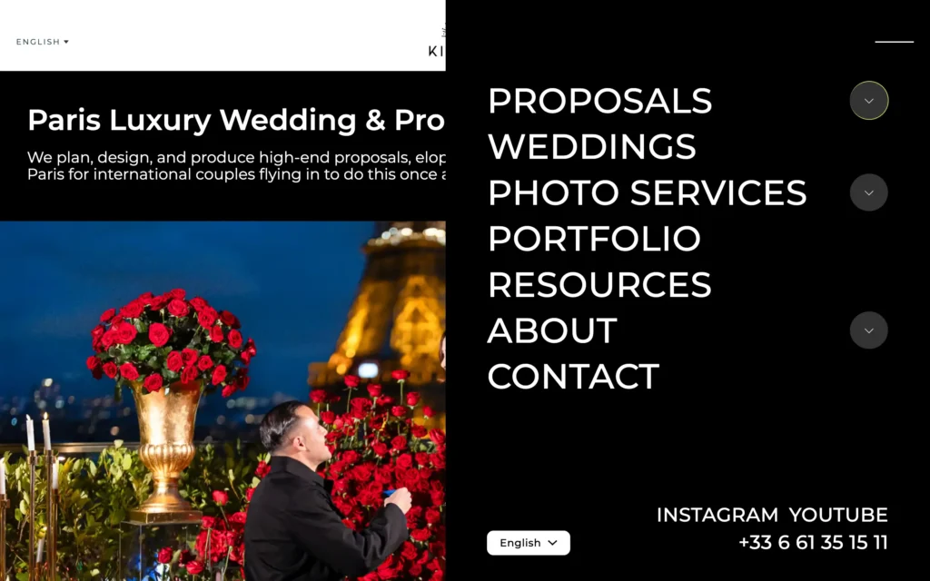 Kiss Me in Paris desktop navigation menu open