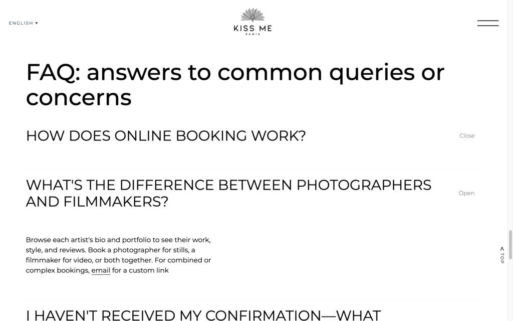 FAQ accordion on the Kiss Me in Paris website with an answer expanded.