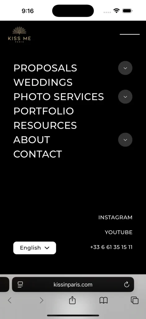 Kiss Me in Paris mobile navigation with a service category expanded.