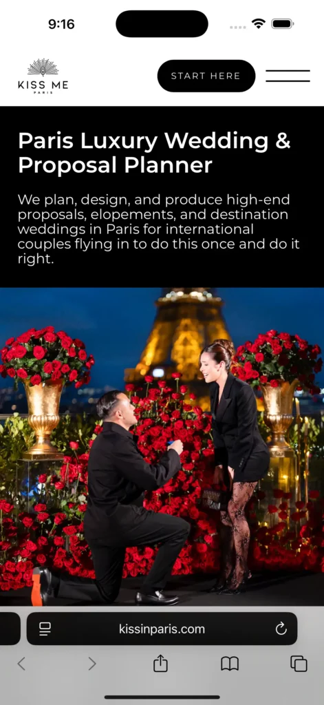 Proposal planning page on the Kiss Me in Paris mobile website.