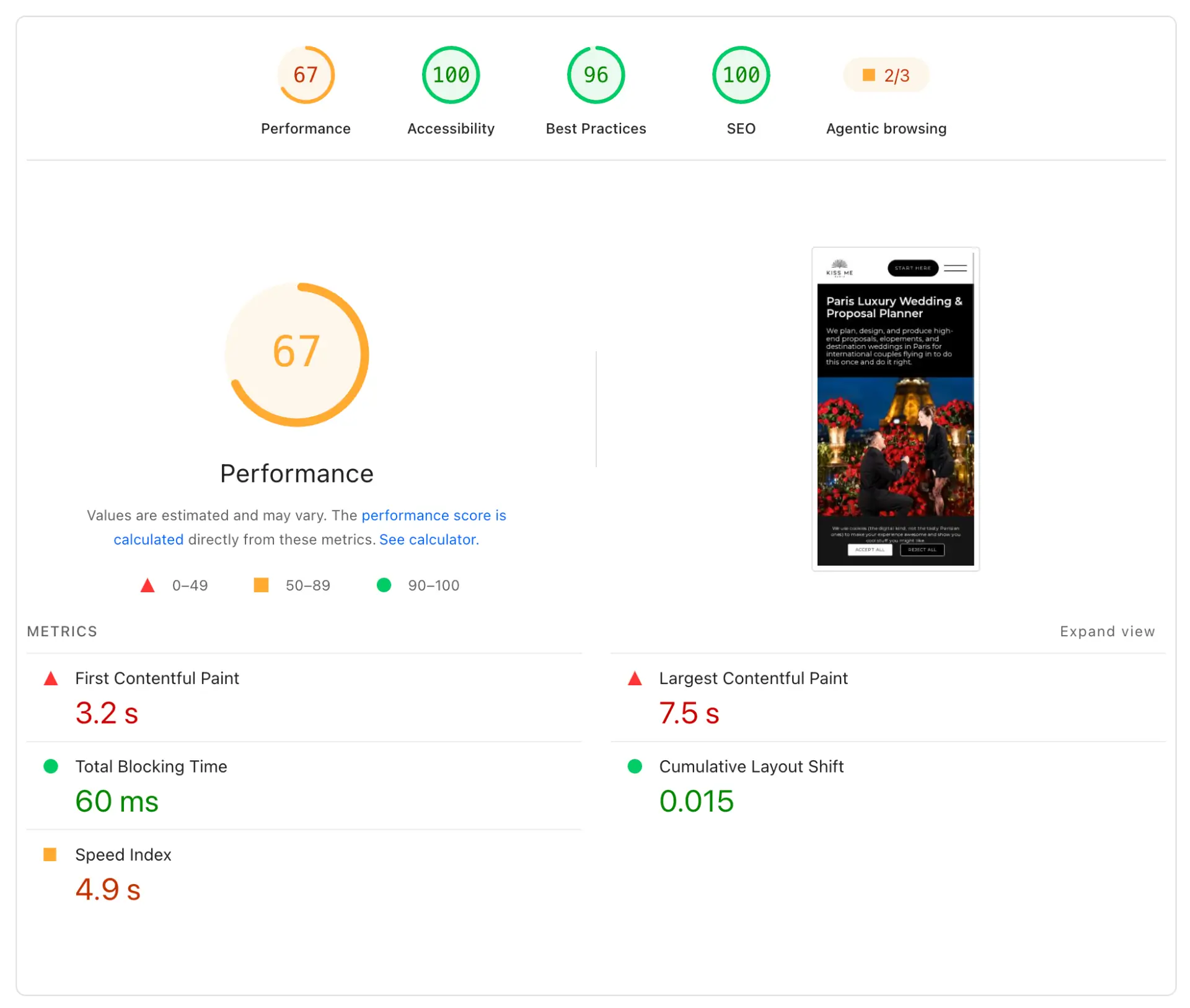 Kiss Me in Paris mobile Lighthouse report showing a performance score of 67.